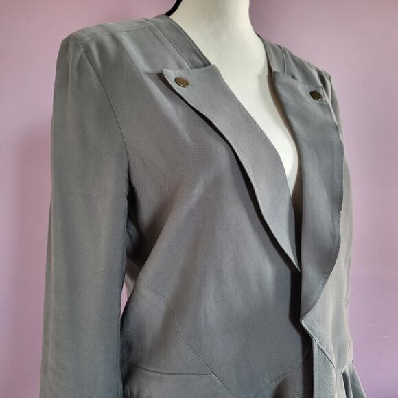BCBGeneration Sage Green Open Front Buttoned Lapel Peplum Ruffle Hem Jacket - Picture 9 of 16